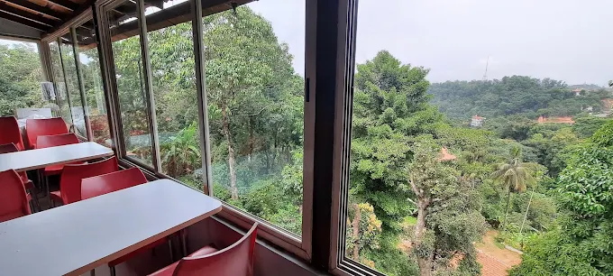 Dining hall seating with forest view